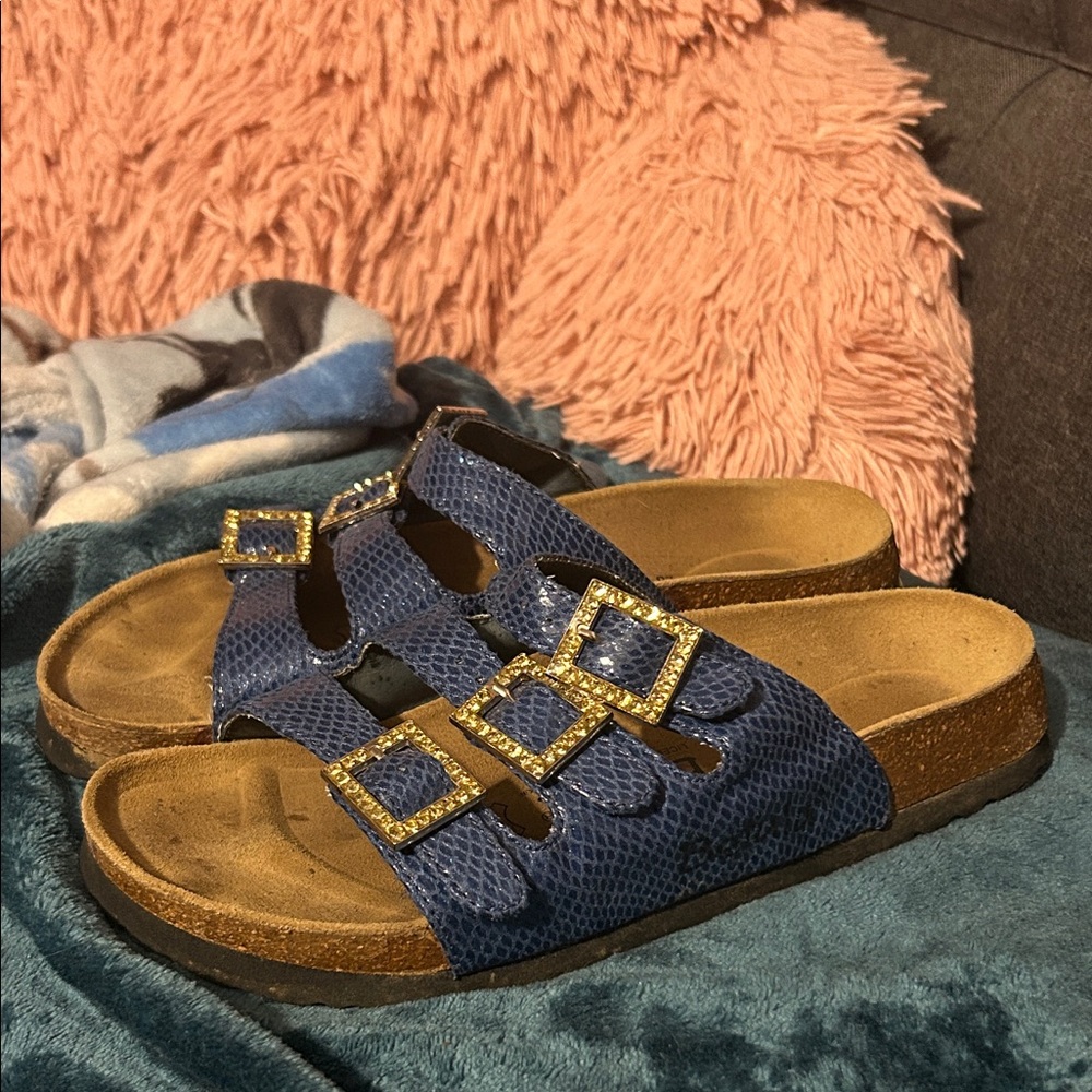 Birkenstock Betula Blue Sandals with Gold Buckles